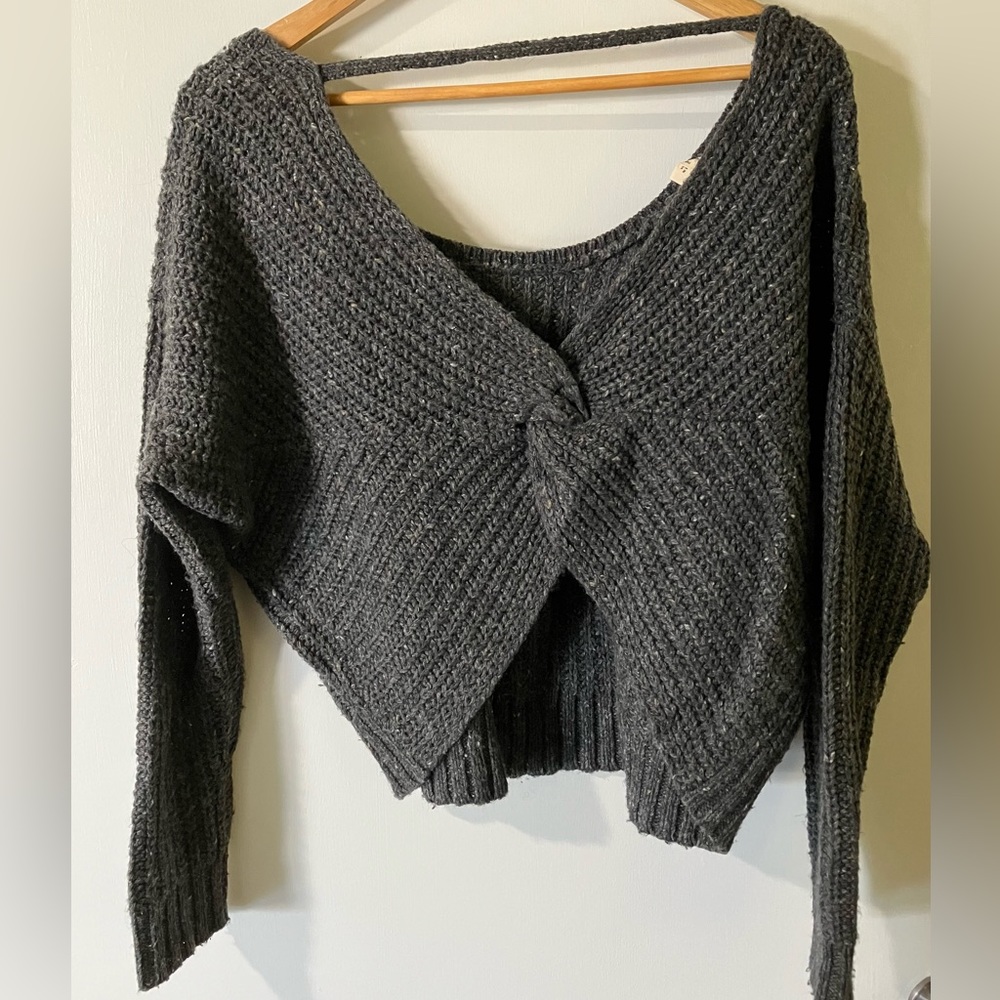 Charcoal Gray Backless Wrap Cable Knit Sweater